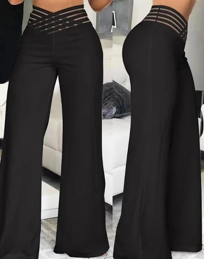 Frauen Ausgestelltes Hosen Elegante Büro Dame Casual Hohe Taille Hose Frühling Sommer Solide Kreuzmuster Sheer Mesh Patch Breite Bein Hose