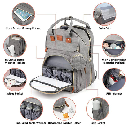 3-in-1-Wickeltasche-Rucksack, faltbares Babybett, wasserdichte Reisetasche mit USB-Aufladung, Wickeltasche-Rucksack mit Wickelbett, 3 Arten - FUXL-Shopify 
