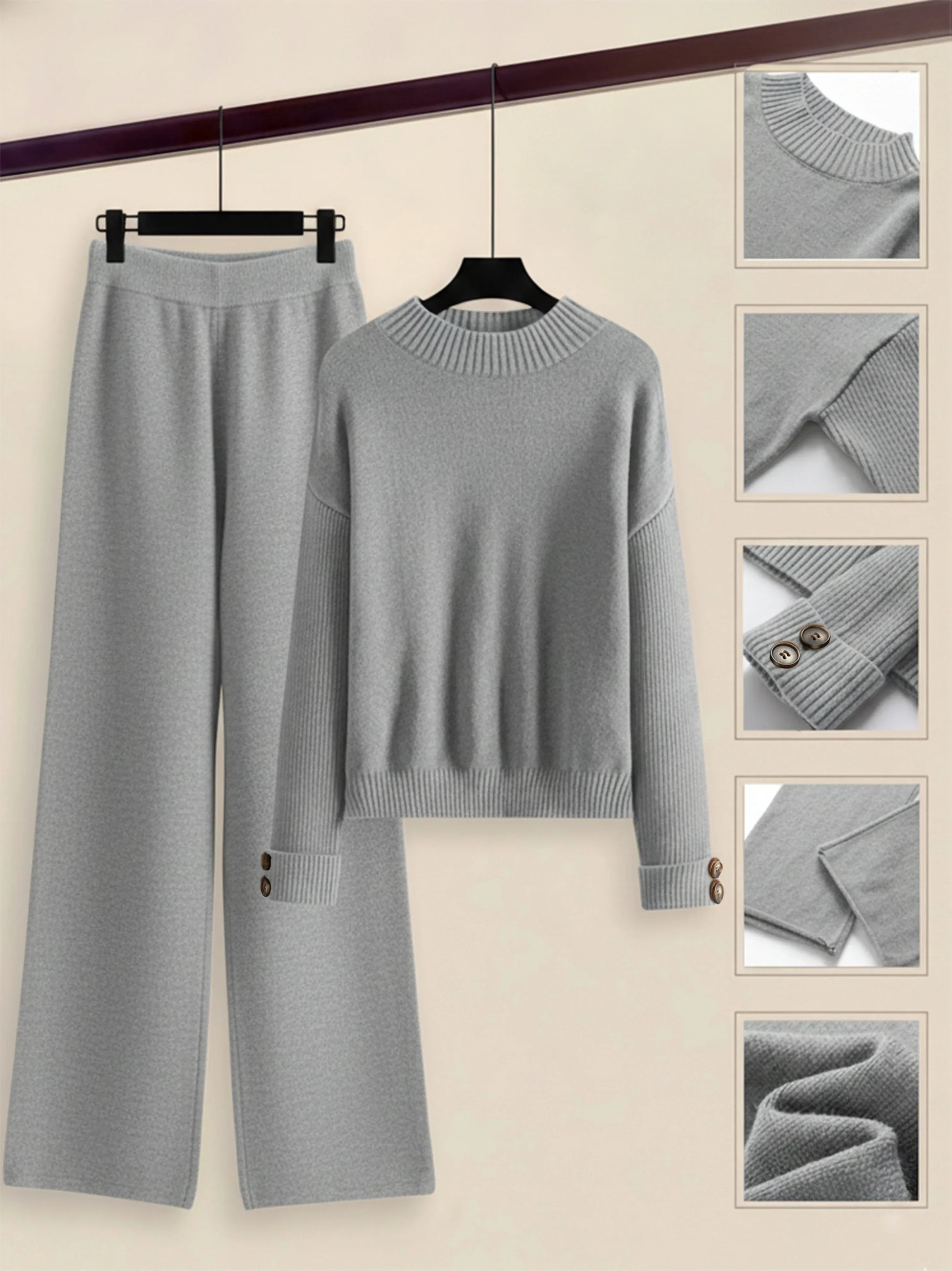Damen Zweiteiler-Set mit Seitenstreifen – Rundhals Pullover & Gerade Hose, Weiche Freizeitkleidung für Herbst & Winter - FUXLShop