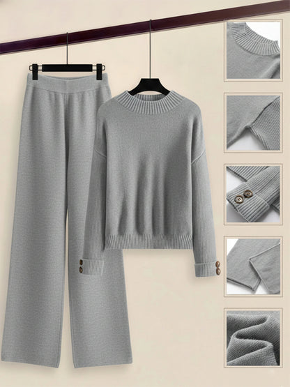 Damen Zweiteiler-Set mit Seitenstreifen – Rundhals Pullover & Gerade Hose, Weiche Freizeitkleidung für Herbst & Winter - FUXLShop