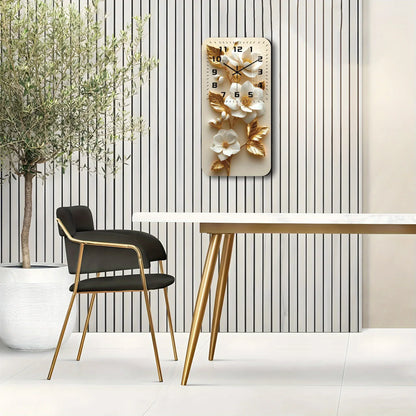 Wanduhr Holz mit Kristall - Weiße Magnolien & Goldene Blätter - Lautlos 19x38cm - FUXLShop