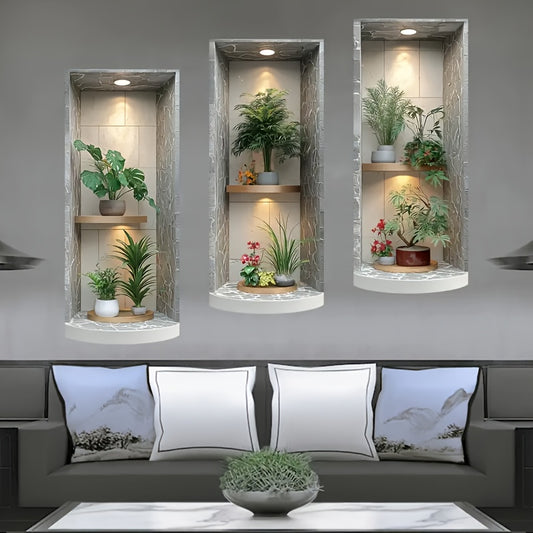 3er-Set 3D Wandsticker mit Blumentopf – Selbstklebend, leicht anzubringen & zu entfernen – Deko für Wohnzimmer, Schlafzimmer, Esszimmer