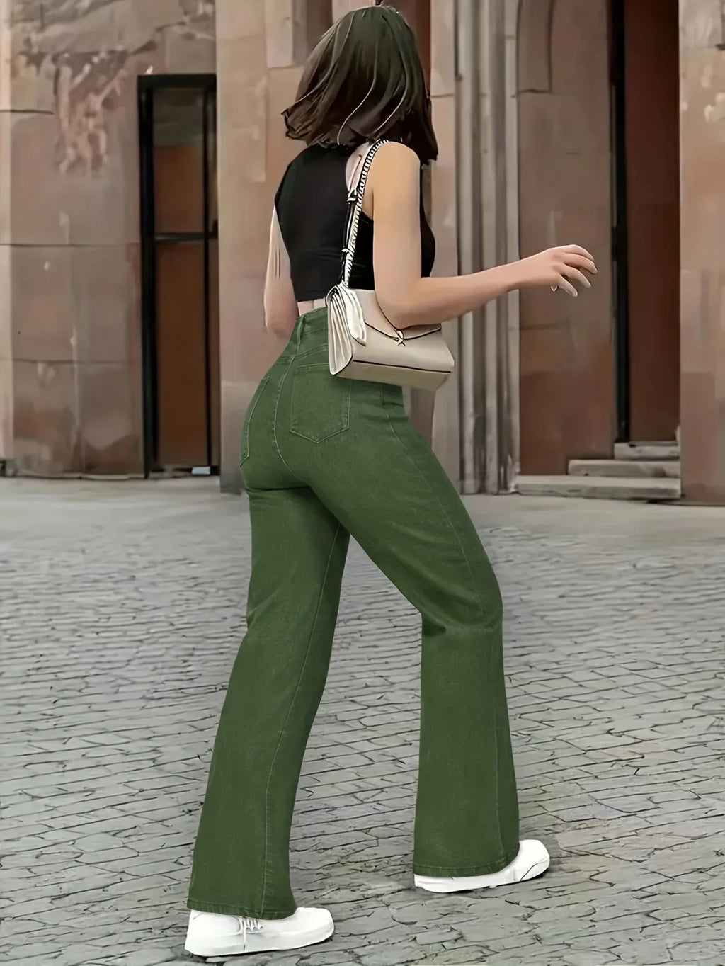 Army Green Stretch-Jeans – Straight Leg, High Waist, Casual Fit - FUXLShop