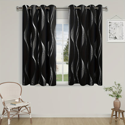 Verdunkelungsvorhänge Schwarz-Weiß Wellenmuster 2er Set - Ösenvorhänge