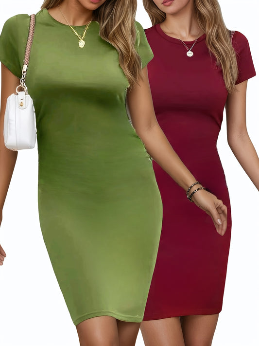 Damen Bodycon-Kleid – Einfarbig, knielang, kurzarm, verstellbare Träger, rundhals, ohne Polster, ideal für Sommer, Party, Club & elegante Anlässe