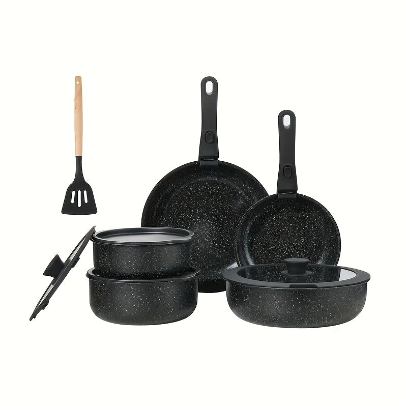 Antihaft-Kochgeschirr-Set mit abnehmbaren Griffen, spülmaschinenfest, induktionsgeeignet – Schwarz