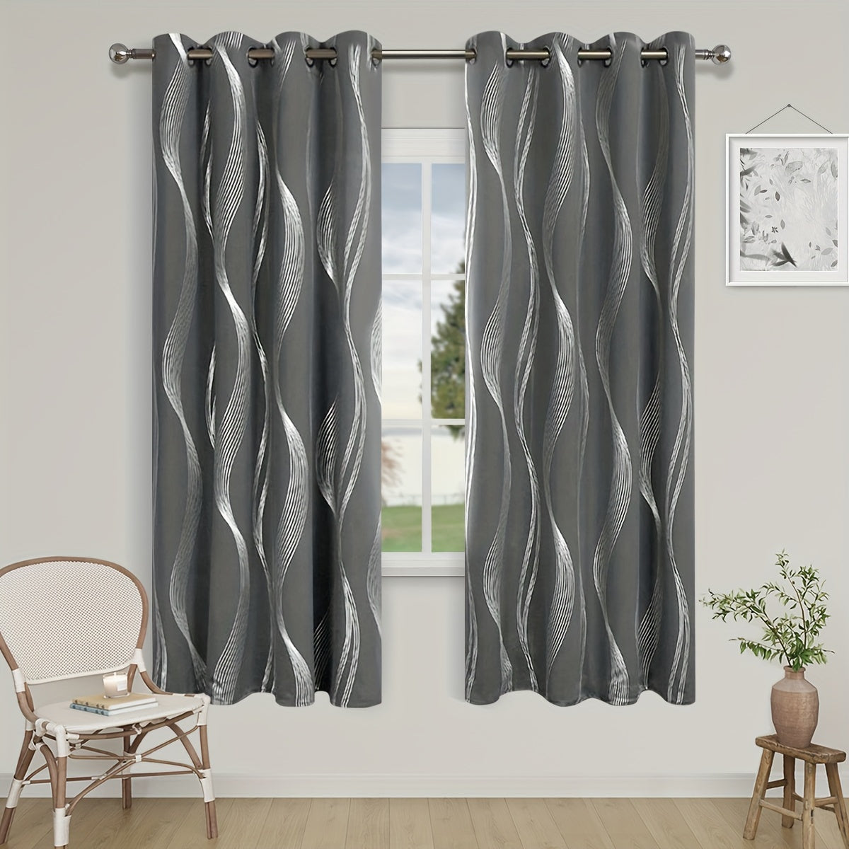 Verdunkelungsvorhänge Schwarz-Weiß Wellenmuster 2er Set - Ösenvorhänge