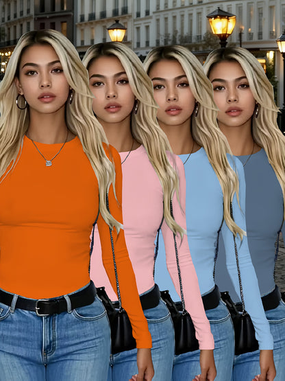 4er-Pack Damen Langarmshirts Rundhals – Stretch Basic-Tops Uni-Farben