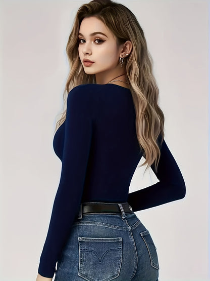 4er-Pack Damen Langarmshirts Rundhals – Stretch Basic-Tops Uni-Farben