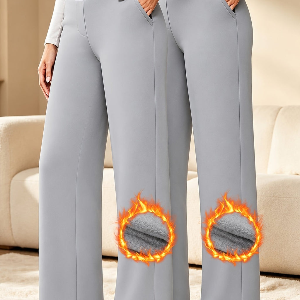 Zwei graue Damenhosen mit hohem Bund und weitem Bein sowie eingeblendeten Stoffdetails
