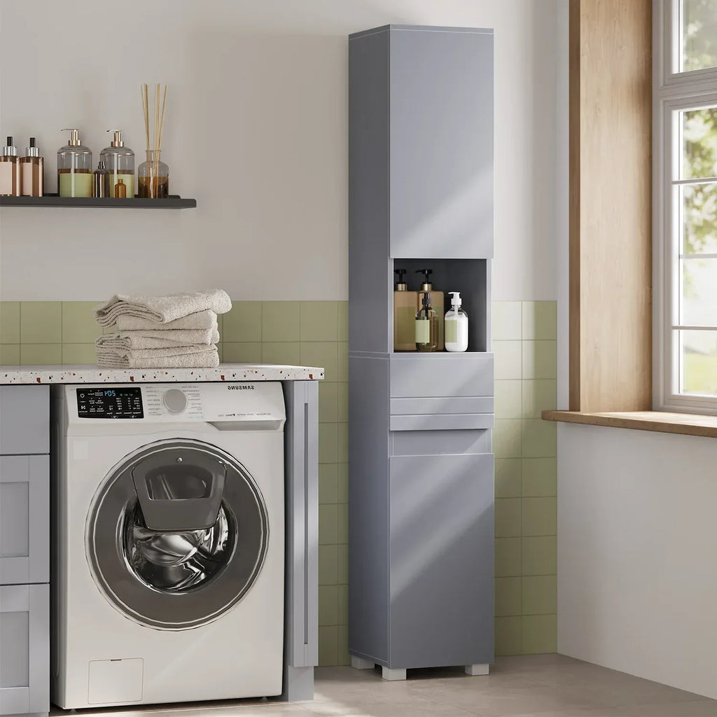 Badezimmerschrank 30x30x170 cm – Modernes Badmöbel mit Schublade, verstellbaren Regalen & offenem Fach - FUXLShop