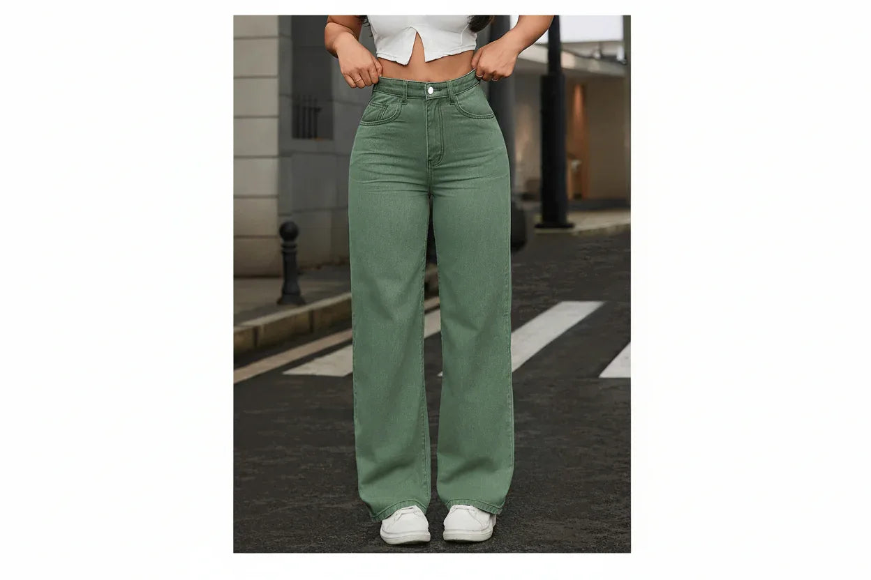 Damen High-Waist Wide-Leg Jeans – Stretch, Army Green, Casual - FUXLShop