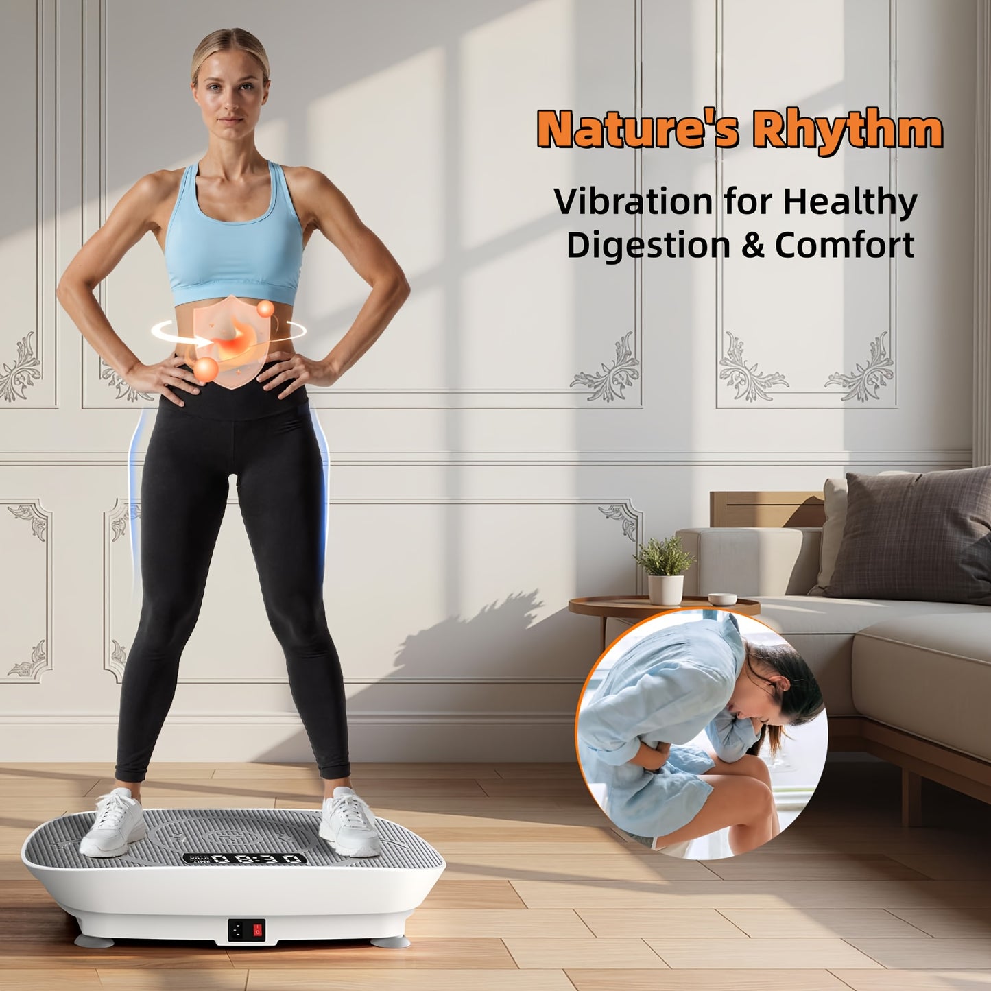 Frauen Vibrationsplatte – kompakte weiße Fitnessplattform mit LED-Display, Fernbedienung und rutschfestem Silikonpad für leises Ganzkörpertraining, Muskelstraffung und Core-Stärkung zuhause.
