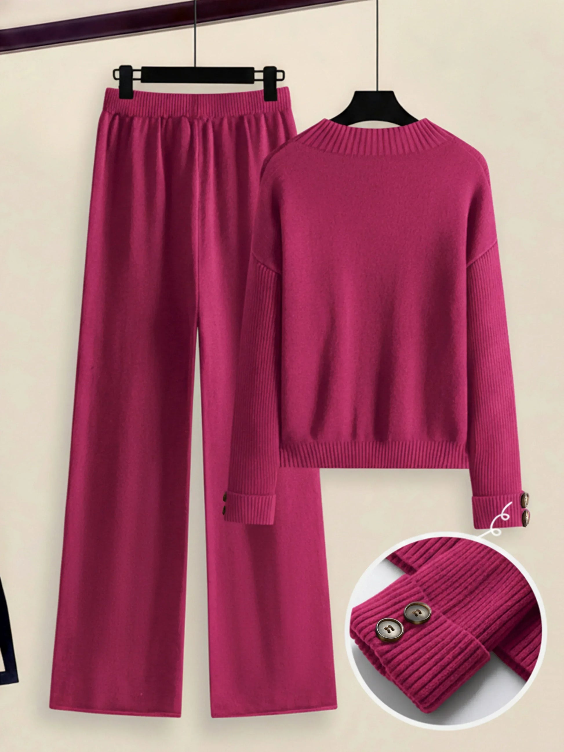 Damen Zweiteiler-Set mit Seitenstreifen – Rundhals Pullover & Gerade Hose, Weiche Freizeitkleidung für Herbst & Winter - FUXLShop