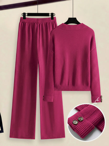 Damen Zweiteiler-Set mit Seitenstreifen – Rundhals Pullover & Gerade Hose, Weiche Freizeitkleidung für Herbst & Winter - FUXLShop