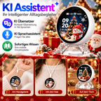 Weißer KI-Begleiter mit Weihnachtsmotiv im Display, auf Ständer sowie am Handgelenk und Hals getragen