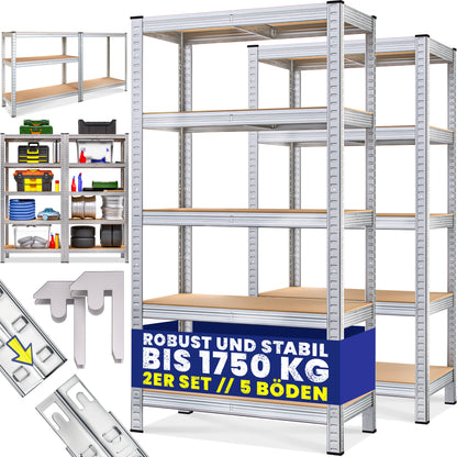 2X Schwerlastregal 180x90x40cm | 1750kg Traglast | 10 MDF-Böden | Kellerregal | Werkstattregal | Metallregal | Modular | Silbern
