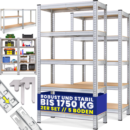 2X Schwerlastregal 180x90x40cm | 1750kg Traglast | 10 MDF-Böden | Kellerregal | Werkstattregal | Metallregal | Modular | Silbern