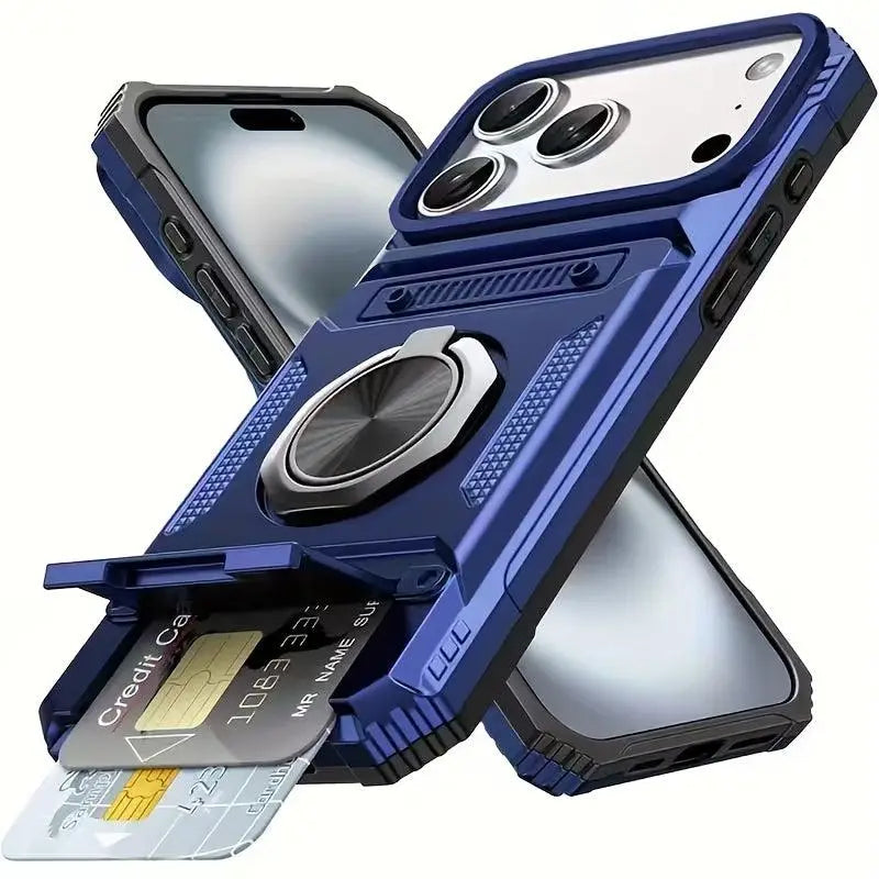 Blaue stoßfeste handyhülle mit metallhalter und dual-kartenslot, heavy duty design, online bestellen für iphone 11–17 pro max
