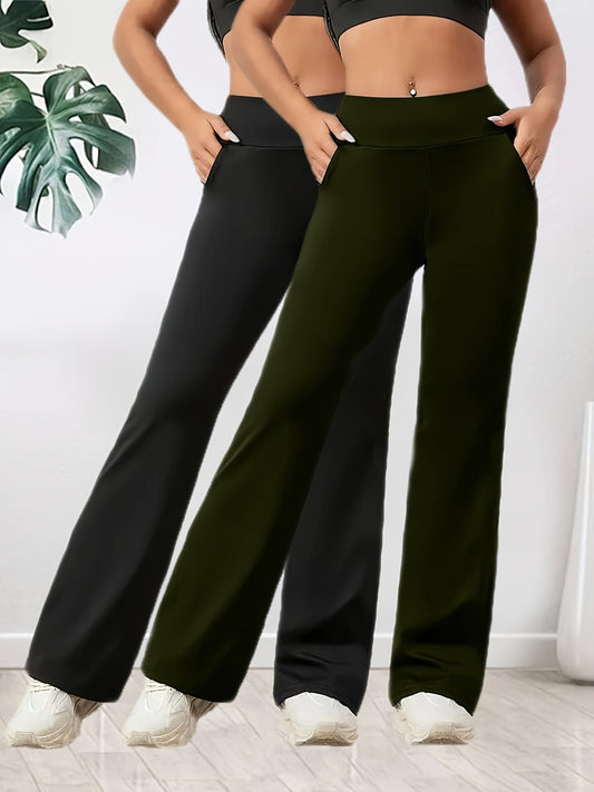 2er-Set Damen High-Waist Weite Flare-Hosen – Dehnbarer Elastikbund, atmungsaktiver lockerer Schnitt für Yoga, Spaziergänge & Freizeit, Olivgrün & Schwarz, Seitentaschen, Ganzjahreskomfort