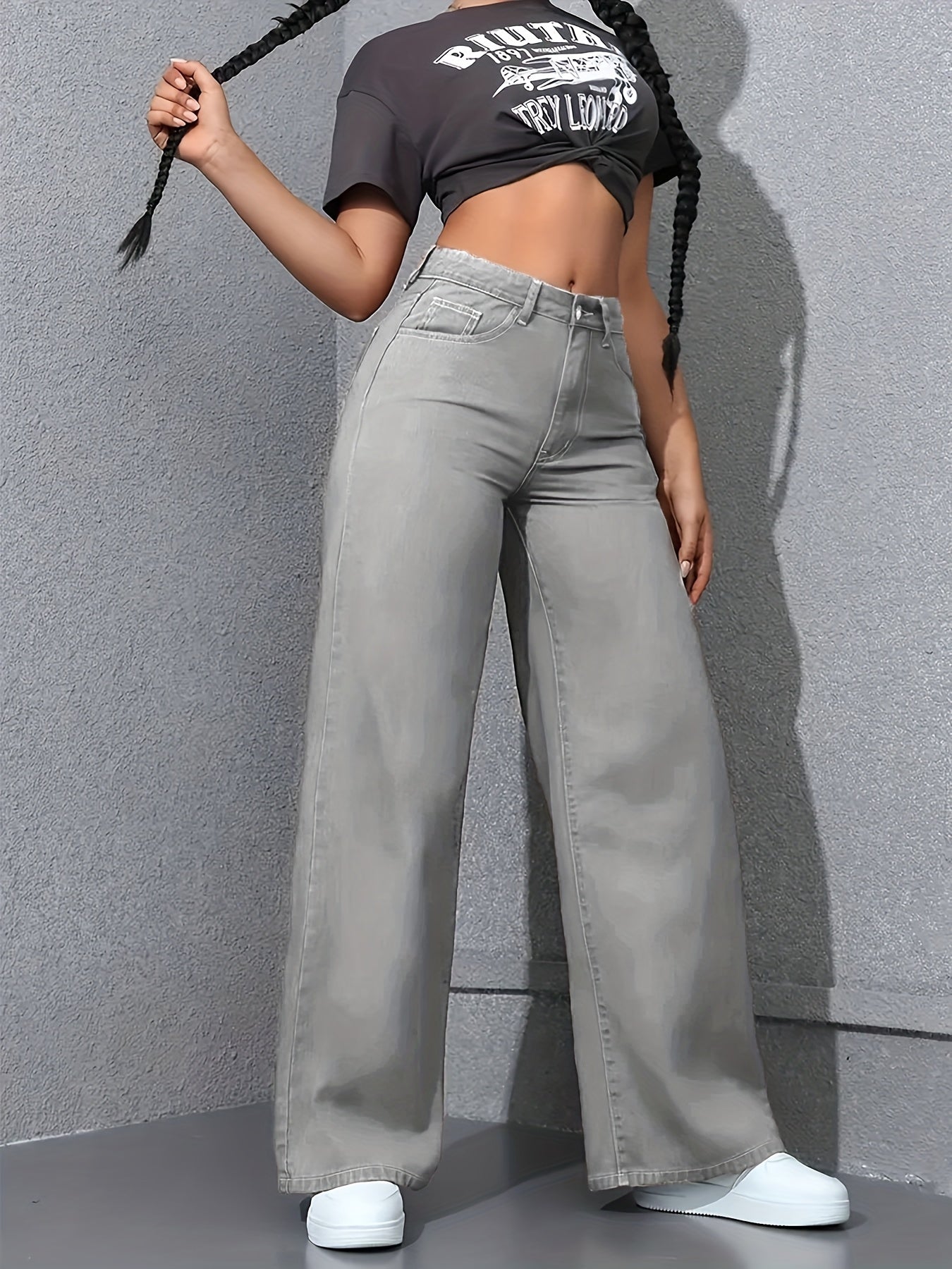 Damen Straight-Leg Hose Grau - Vorderansicht