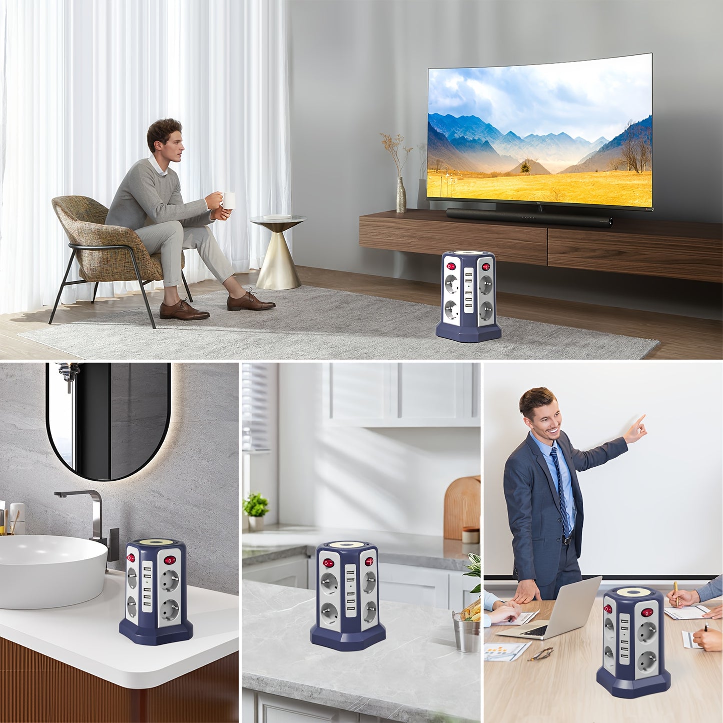 Diese 13 - in - 1 Steckdosenleiste bietet 3 Meter Kabellänge, 5 USB - A - Anschlüsse, 8 AC - Steckdosen, 4 unabhängige Schalter und ein sanftes, einstellbares Nachtlicht – perfekt für Büro, Homeoffice und Haushalt. - FUXL - Shopify