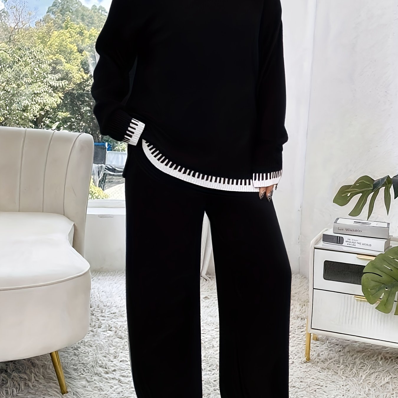 Plus Size Damen Outfit – Braun & Colorblock Sweater & Hose Set | Stretch, Rundhals, Langarm, All Season Casual Look