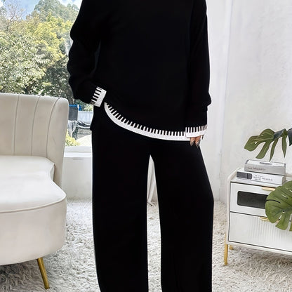 Plus Size Damen Outfit – Braun & Colorblock Sweater & Hose Set | Stretch, Rundhals, Langarm, All Season Casual Look