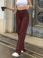 Hoch taillierte deep red straight-leg hose aus klassischem denim mit stretch und knopfleiste