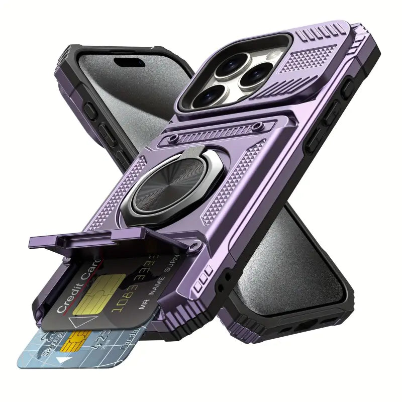 Stoßfeste handyhülle in lila und schwarz mit metallhalterung und dual-kartenslot für iphone 11 bis 17 pro max zum heavy duty online bestellen, rückseite gezeigt