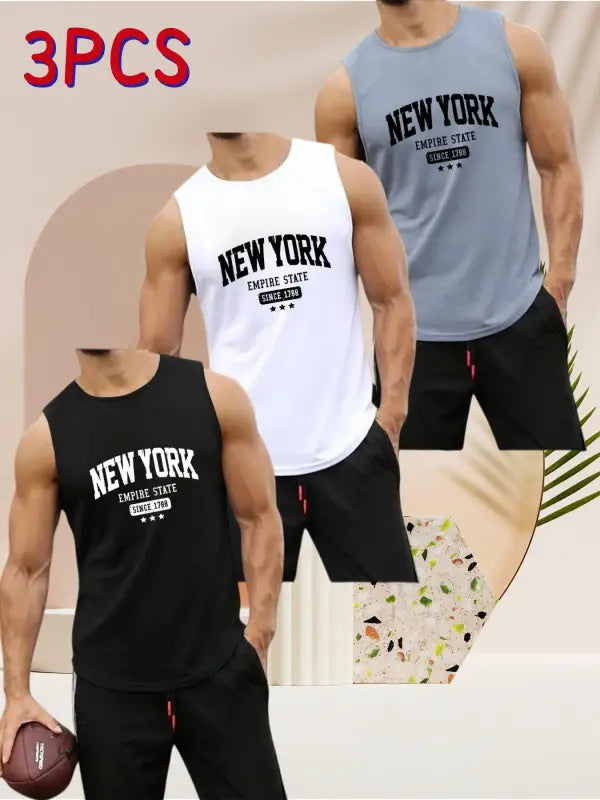 Herren tank top 3er-pack in schwarz weiß und hellblau mit atmungsaktivem material und new york print