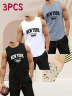 Herren tank top 3er-pack in schwarz weiß und hellblau mit atmungsaktivem material und new york print