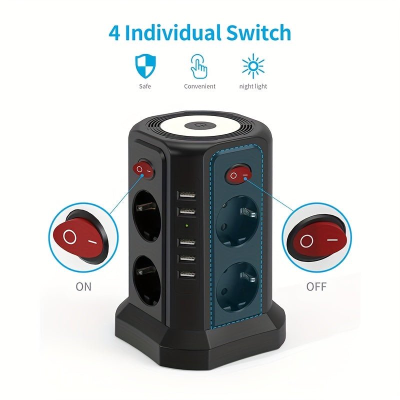 Diese 13 - in - 1 Steckdosenleiste bietet 3 Meter Kabellänge, 5 USB - A - Anschlüsse, 8 AC - Steckdosen, 4 unabhängige Schalter und ein sanftes, einstellbares Nachtlicht – perfekt für Büro, Homeoffice und Haushalt. - FUXL - Shopify