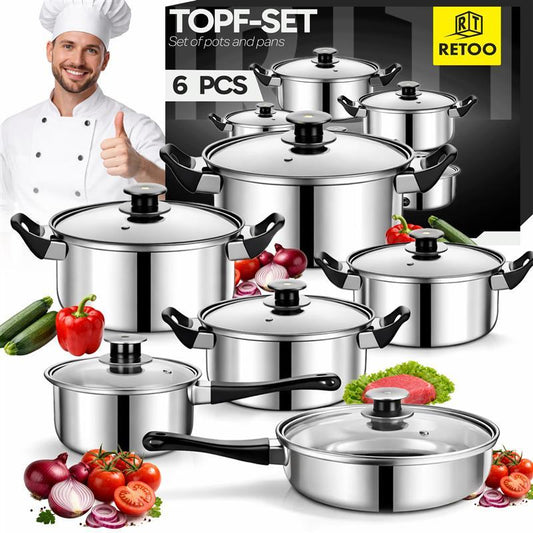 12-teiliges Edelstahl-Topfset mit Pfanne & Glasdeckeln – Für alle Herdarten