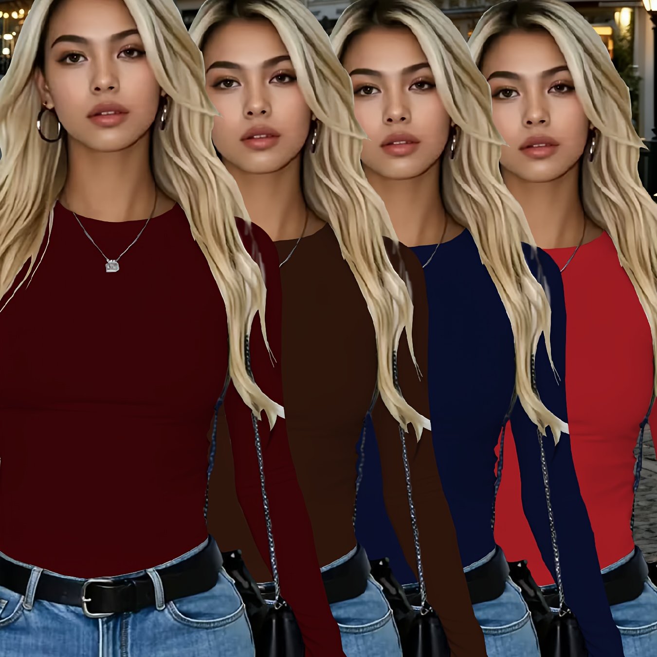 4er-Pack Damen Langarmshirts Rundhals – Stretch Basic-Tops Uni-Farben