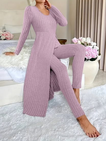 1 Clothes 1 Pants Casual Loose Long Sleeve Dress & Pants Set – Soft Fleece, 3D Stripe Design, hoher Schlitz, Crew Neck, bequem für Alltag & Zuhause