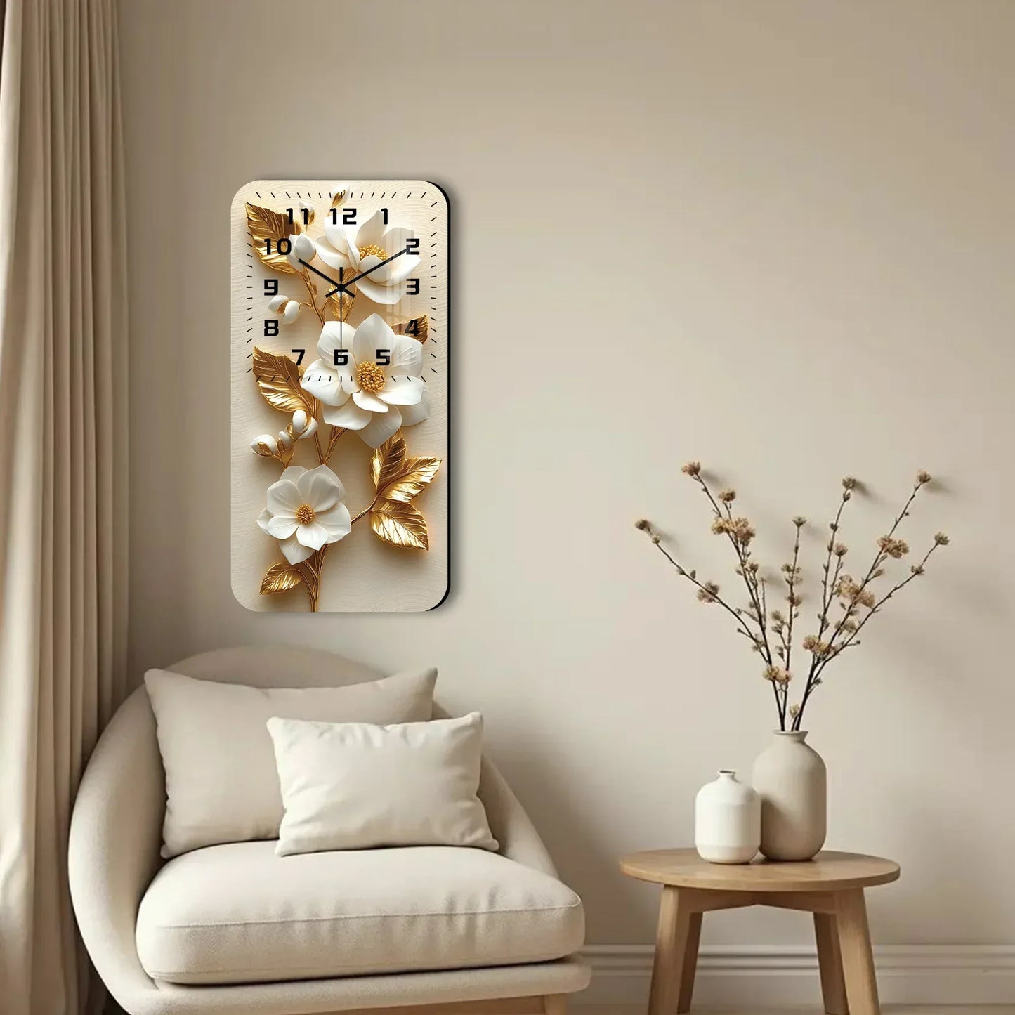 Wanduhr Holz mit Kristall - Weiße Magnolien & Goldene Blätter - Lautlos 19x38cm - FUXLShop