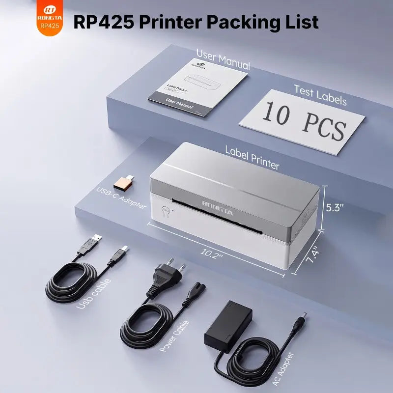 Silberner und weißer rongta rp425 thermodrucker 4x6 mit USB und kabellos für Android und Windows inklusive 10 Thermorollen