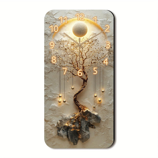 Wanduhr Holz mit Kristall - Fantasy Baum & Mond Design - Lautlos 19x38cm - FUXLShop