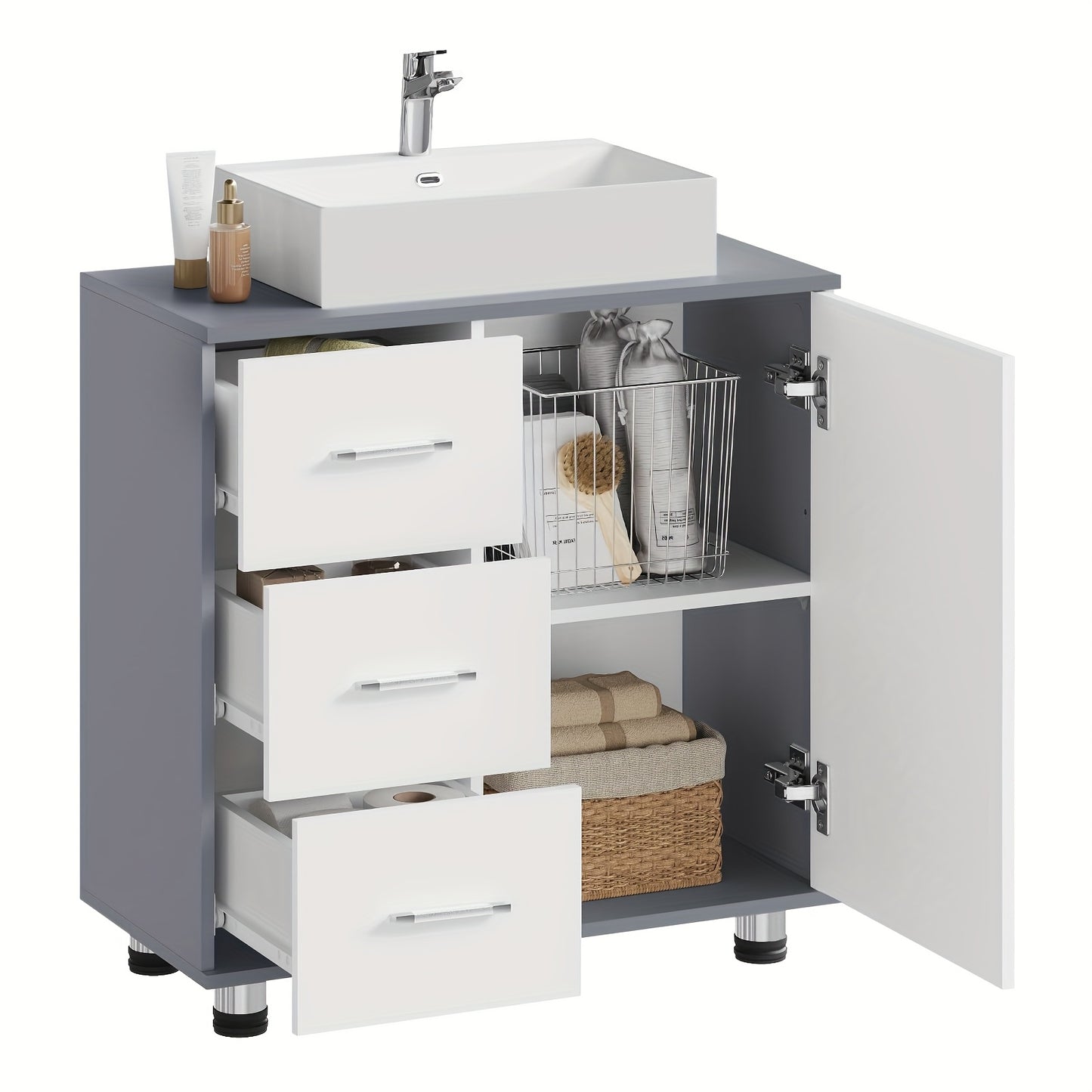 Waschtisch-Unterschrank 60x60x30cm Weiß-Grau - 3 Schubladen & 2 Fächer