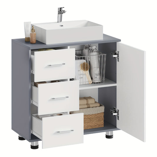Waschtisch-Unterschrank 60x60x30cm Weiß-Grau - 3 Schubladen & 2 Fächer