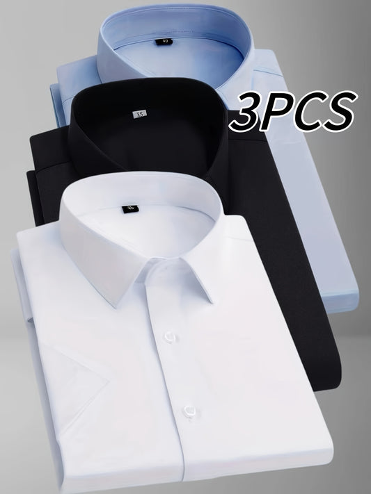 3er-Set Herren Sommerhemden – Ice-Silk-Stoff, atmungsaktiv, leicht & elegant, einfarbig, knitterfrei, ideal für Büro, Party & Freizeit
