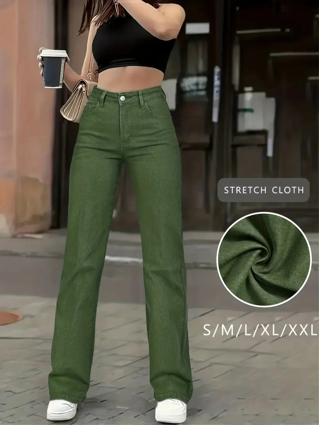 Army Green Stretch-Jeans – Straight Leg, High Waist, Casual Fit - FUXLShop