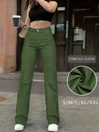 Army Green Stretch-Jeans – Straight Leg, High Waist, Casual Fit - FUXLShop