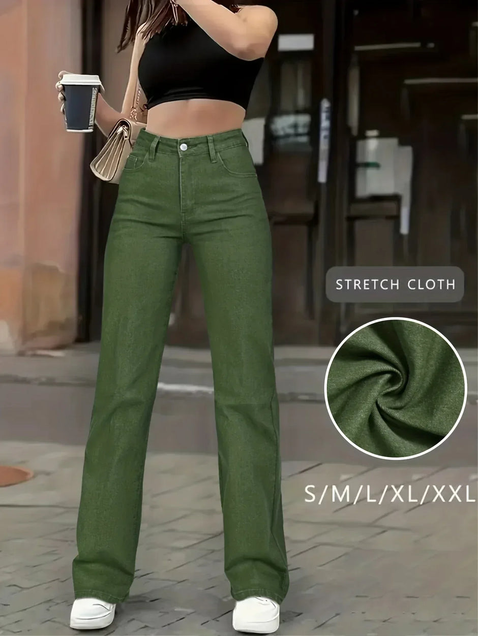 Army Green Stretch-Jeans – Straight Leg, High Waist, Casual Fit - FUXLShop