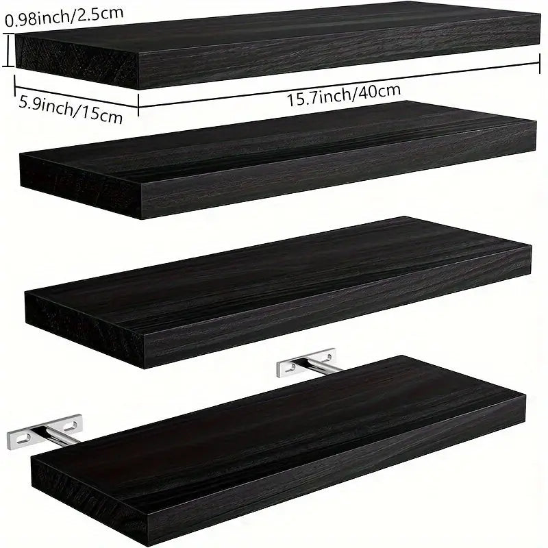 Wandregal 4er-set aus paulownia holz mit schwarzer holzmaserung und metallhalterungen als schwebende wandregale
