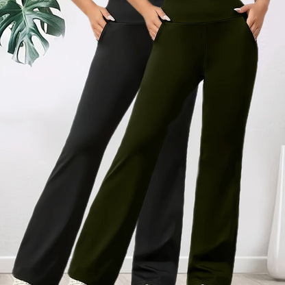 2er - Set Damen High - Waist Weite Flare - Hosen – Dehnbarer Elastikbund, atmungsaktiver lockerer Schnitt für Yoga, Spaziergänge & Freizeit, Olivgrün & Schwarz, Seitentaschen, Ganzjahreskomfort - FUXL - Shopify