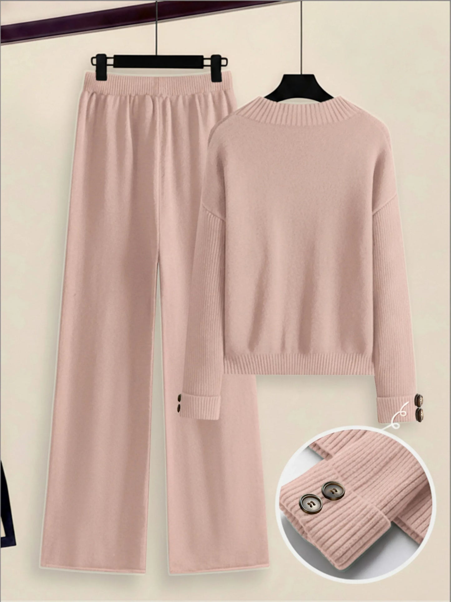 Damen Zweiteiler-Set mit Seitenstreifen – Rundhals Pullover & Gerade Hose, Weiche Freizeitkleidung für Herbst & Winter - FUXLShop