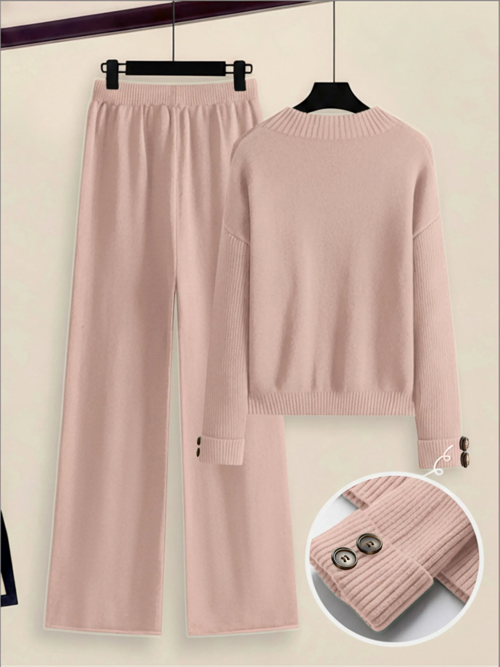 Damen Zweiteiler-Set mit Seitenstreifen – Rundhals Pullover & Gerade Hose, Weiche Freizeitkleidung für Herbst & Winter - FUXLShop