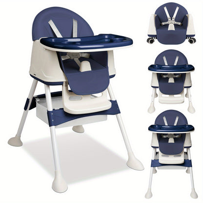4-in-1 Baby-Hochstuhl mitwachsend - Verstellbar mit Sicherheitsgurt, Tablett & PU-Polster, Blau